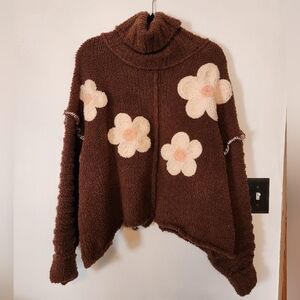 POL Brown Pull Over Cowl Neck Sweater w/ Flowers Size M Oversized